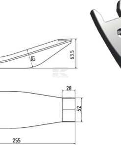 Punta de cultivador 255 x 80 x 18 mm, curvada, 1 orificio, válida para Horsch