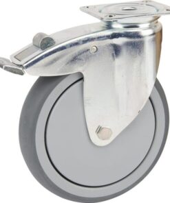 Rueda industrial giratoria en goma: Ø125 x 32 mm, placa soporte con freno: 77 x 67 mm. Capacidad: 100 kg, Tente