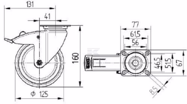 Rueda industrial giratoria en goma: Ø125 x 32 mm, placa soporte con freno: 77 x 67 mm. Capacidad: 100 kg, Tente 2 Rueda industrial giratoria en goma: Ø125 x 32 mm, placa soporte con freno: 77 x 67 mm. Capacidad: 100 kg, Tente