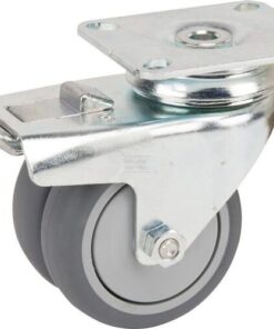 Rueda industrial giratoria en goma: Ø75 x 25 mm, placa soporte con freno: 77 x 67 mm. Capacidad: 100 kg, Tente