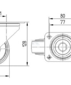 Rueda industrial giratoria en goma: Ø100 x 35 mm, placa soporte: 105 x 85 mm. Capacidad: 75 kg, Tente