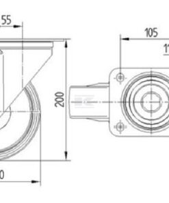 Rueda industrial giratoria en goma: Ø160 x 40 mm, placa soporte: 137 x 105 mm. Capacidad: 135 kg, Tente