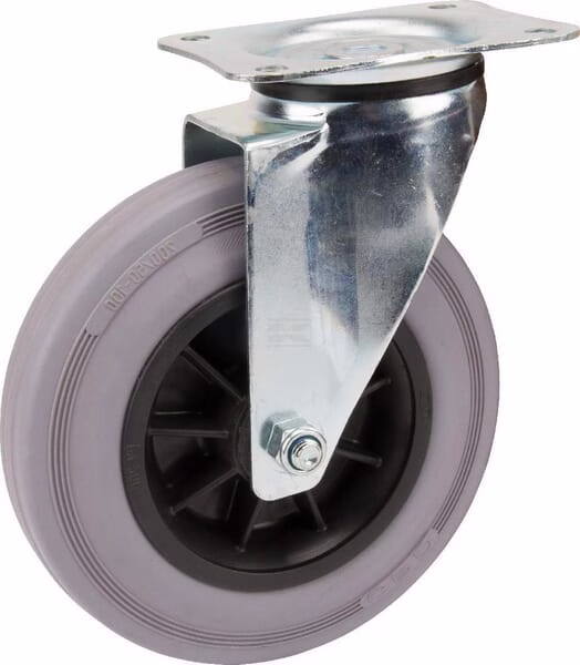 Rueda industrial giratoria en goma: Ø200 x 50 mm, placa soporte: 137 x 105 mm. Capacidad: 205 kg, Tente 1 Rueda industrial giratoria en goma: Ø200 x 50 mm, placa soporte: 137 x 105 mm. Capacidad: 205 kg, Tente