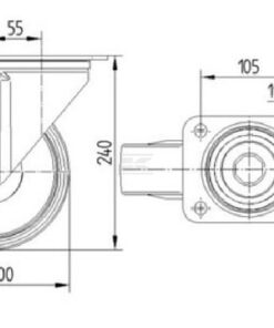 Rueda industrial giratoria en goma: Ø200 x 50 mm, placa soporte: 137 x 105 mm. Capacidad: 205 kg, Tente 7 Rueda industrial giratoria en goma: Ø200 x 50 mm, placa soporte: 137 x 105 mm. Capacidad: 205 kg, Tente