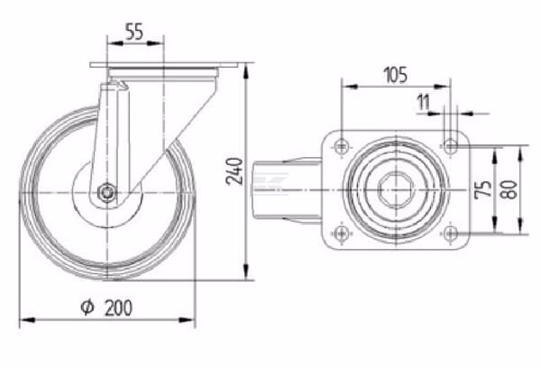 Rueda industrial giratoria en goma: Ø200 x 50 mm, placa soporte: 137 x 105 mm. Capacidad: 205 kg, Tente 4 Rueda industrial giratoria en goma: Ø200 x 50 mm, placa soporte: 137 x 105 mm. Capacidad: 205 kg, Tente