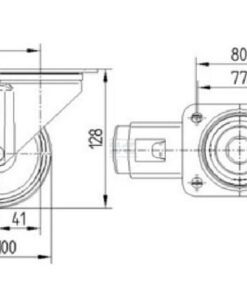 Rueda industrial giratoria en goma: Ø100 x 30 mm, placa soporte con freno: 105 x 85 mm. Capacidad: 70 kg, Tente