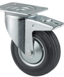 Rueda industrial giratoria en goma: Ø125 x 37 mm, placa soporte con freno: 105 x 85 mm. Capacidad: 100 kg, Tente