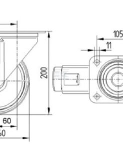 Rueda industrial giratoria en goma: Ø160 x 40 mm, placa soporte con freno: 137 x 105 mm. Capacidad: 135 kg, Tente