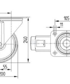 Rueda industrial giratoria en goma: Ø200 x 50 mm, placa soporte con freno: 137 x 105 mm. Capacidad: 205 kg, Tente
