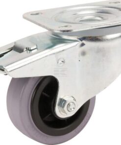 Rueda industrial giratoria en goma: Ø80 x 35 mm, placa soporte con freno: 105 x 85 mm. Capacidad: 70 kg, Tente