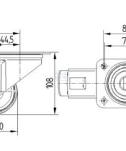 Rueda industrial giratoria en goma: Ø80 x 35 mm, placa soporte con freno: 105 x 85 mm. Capacidad: 70 kg, Tente