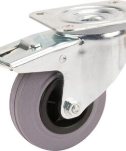 Rueda industrial giratoria en goma: Ø100 x 35 mm, placa soporte con freno: 105 x 85 mm. Capacidad: 75 kg, Tente