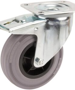 Rueda industrial giratoria en goma: Ø125 x 37 mm, placa soporte con freno: 105 x 85 mm. Capacidad: 100 kg, Tente