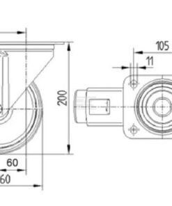 Rueda industrial giratoria en goma: Ø160 x 40 mm, placa soporte con freno: 137 x 105 mm. Capacidad: 135 kg, Tente