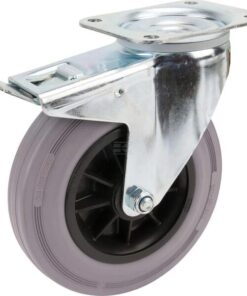 Rueda industrial giratoria en goma: Ø200 x 50 mm, placa soporte con freno: 137 x 105 mm. Capacidad: 205 kg, Tente