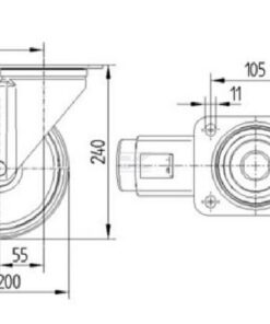 Rueda industrial giratoria en goma: Ø200 x 50 mm, placa soporte con freno: 137 x 105 mm. Capacidad: 205 kg, Tente