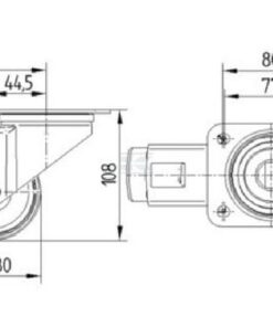 Rueda industrial giratoria en poliuretano: Ø80 x 32 mm, placa soporte con freno: 105 x 85 mm. Capacidad: 100 kg, Tente