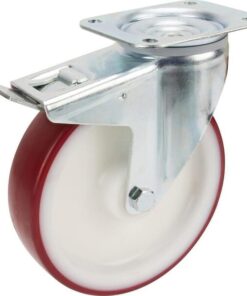 Rueda industrial giratoria en poliuretano: Ø125 x 32 mm, placa soporte con freno: 105 x 85 mm. Capacidad: 200 kg, Tente