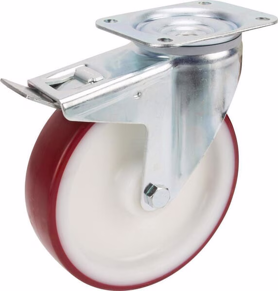Rueda industrial giratoria en poliuretano: Ø125 x 32 mm, placa soporte con freno: 105 x 85 mm. Capacidad: 200 kg, Tente 1 Rueda industrial giratoria en poliuretano: Ø125 x 32 mm, placa soporte con freno: 105 x 85 mm. Capacidad: 200 kg, Tente