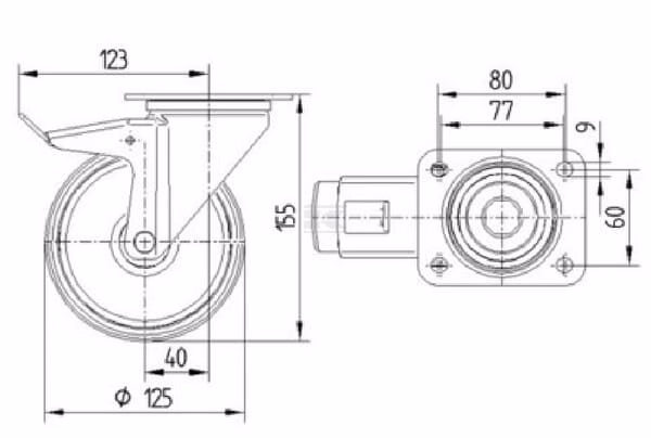Rueda industrial giratoria en poliuretano: Ø125 x 32 mm, placa soporte con freno: 105 x 85 mm. Capacidad: 200 kg, Tente 2 Rueda industrial giratoria en poliuretano: Ø125 x 32 mm, placa soporte con freno: 105 x 85 mm. Capacidad: 200 kg, Tente