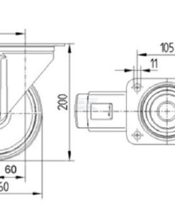 Rueda industrial giratoria en poliuretano: Ø160 x 40 mm, placa soporte con freno: 137 x 105 mm. Capacidad: 350 kg, Tente