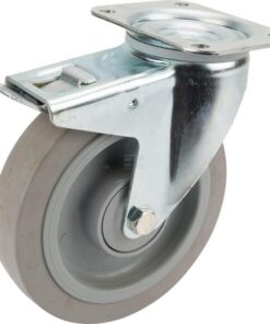 Rueda industrial giratoria en goma: Ø200 x 46 mm, placa soporte con freno: 137 x 105 mm. Capacidad: 400 kg, Tente