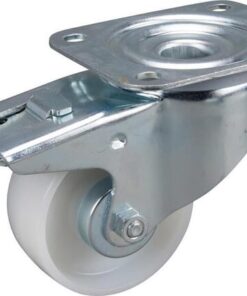 Rueda industrial giratoria en poliamida: Ø80 x 34 mm, placa soporte con freno: 105 x 85 mm. Capacidad: 200  kg, Tente