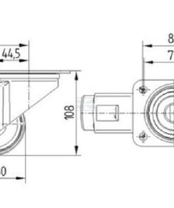 Rueda industrial giratoria en poliamida: Ø80 x 34 mm, placa soporte con freno: 105 x 85 mm. Capacidad: 200  kg, Tente