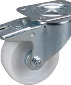 Rueda industrial giratoria en poliamida: Ø100 x 36 mm, placa de soporte con freno: 105 x 85 mm. Capacidad: 200 kg, Tente