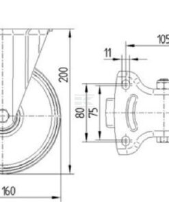 Rueda industrial fija en goma: Ø160 x 23 mm, placa de soporte: 137 x 115 mm. Capacidad: 135 kg, Tente