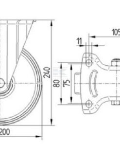 Rueda industrial fija en goma: Ø200 x 50 mm, placa de soporte: 137 x 115 mm. Capacidad: 205 kg, Tente