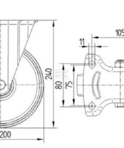 Rueda industrial fija en goma: Ø200 x 50 mm, placa de soporte: 137 x 115 mm. Capacidad: 205 kg, Tente