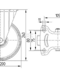 Rueda industrial fija en poliuretano: Ø200 x 46 mm, placa de soporte con freno: 137 x 115 mm. Capacidad: 350 kg, Tente