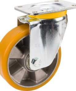 Rueda industrial giratoria en poliuretano: Ø160 x 50 mm, placa de soporte: 137 x 105 mm. Capacidad: 800 kg, Tente