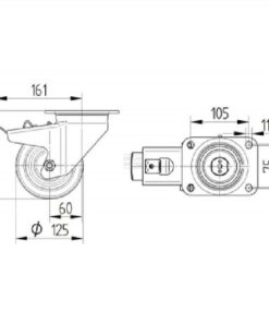 Rueda industrial giratoria en poliuretano: Ø125 x 50 mm, placa soporte con freno: 137 x 105 mm. Capacidad: 500 kg, Tente
