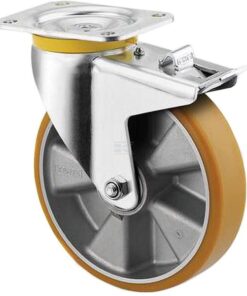 Rueda industrial giratoria en poliuretano: Ø160 x 50 mm, placa soporte con freno: 137 x 105 mm. Capacidad: 800 kg, Tente