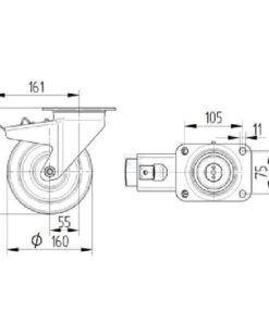 Rueda industrial giratoria en poliuretano: Ø160 x 50 mm, placa soporte con freno: 137 x 105 mm. Capacidad: 800 kg, Tente