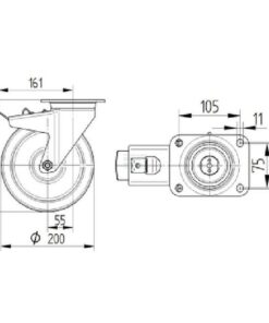 Rueda industrial giratoria en poliuretano: Ø200 x 50 mm, placa soporte con freno: 137 x 105 mm. Capacidad: 800 kg, Tente