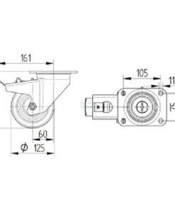 Rueda industrial giratoria en poliamida: Ø125 x 50 mm, placa soporte con freno: 137 x 105 mm. Capacidad: 700 kg, Tente