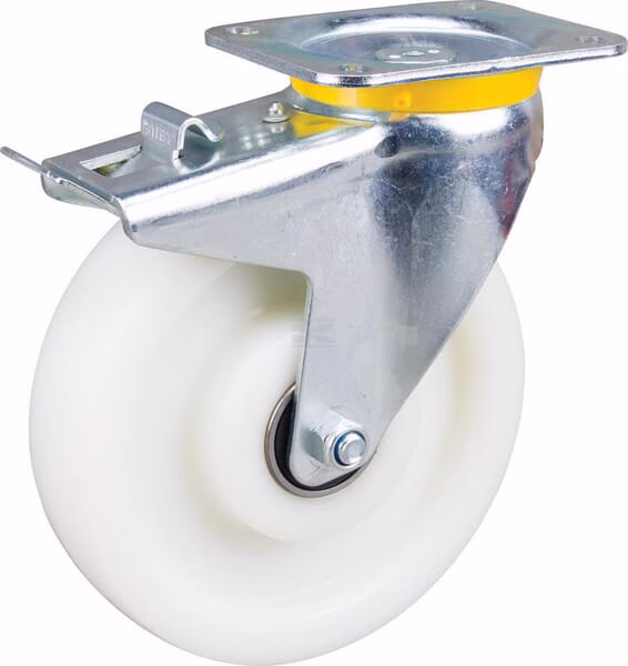 Rueda industrial giratoria en poliamida: Ø200 x 50 mm, placa soporte con freno: 137 x 105 mm. Capacidad: 800 kg, Tente 1 Rueda industrial giratoria en poliamida: Ø200 x 50 mm, placa soporte con freno: 137 x 105 mm. Capacidad: 800 kg, Tente