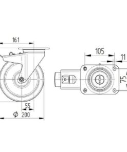 Rueda industrial giratoria en poliamida: Ø200 x 50 mm, placa soporte con freno: 137 x 105 mm. Capacidad: 800 kg, Tente 3 Rueda industrial giratoria en poliamida: Ø200 x 50 mm, placa soporte con freno: 137 x 105 mm. Capacidad: 800 kg, Tente