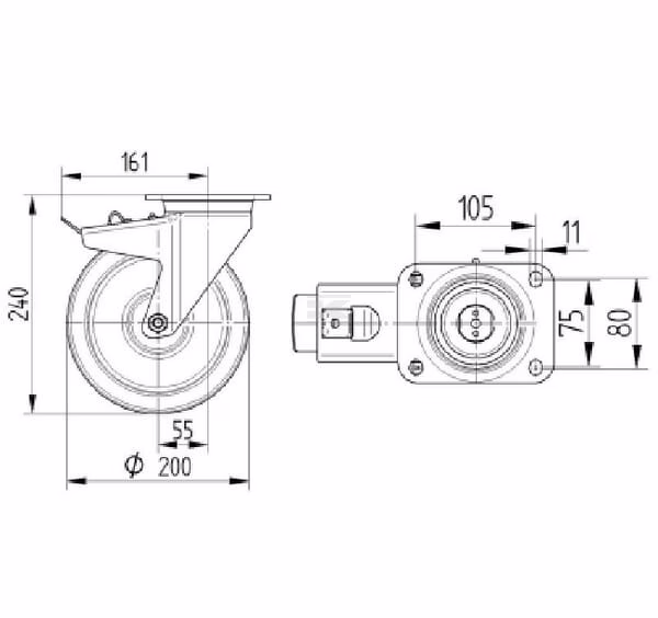 Rueda industrial giratoria en poliamida: Ø200 x 50 mm, placa soporte con freno: 137 x 105 mm. Capacidad: 800 kg, Tente 2 Rueda industrial giratoria en poliamida: Ø200 x 50 mm, placa soporte con freno: 137 x 105 mm. Capacidad: 800 kg, Tente