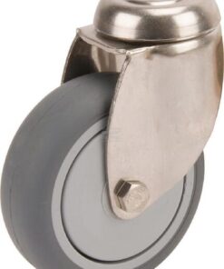 Rueda industrial giratoria en goma: Ø75 x 25 mm, orificio único para pasador en acero inoxidable. Capacidad: 75 kg, Tente