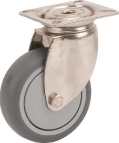 Rueda industrial giratoria en goma: Ø75 x 25 mm, placa soporte en acero inoxidable: 60 x 60 mm. Capacidad: 75 kg, Tente