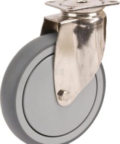 Rueda industrial giratoria en goma: Ø125 x 32 mm, placa soporte en acero inoxidable: 77 x 67 mm. Capacidad: 100 kg, Tente