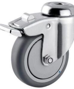 Rueda industrial giratoria en goma: Ø75 x 25 mm, orificio único para pasador en acero inoxidable con freno. Capacidad: 75 kg, Tente