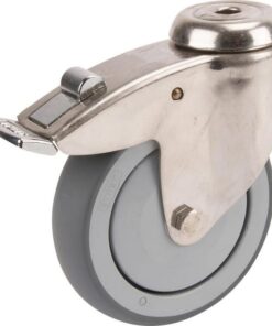 Rueda industrial giratoria en goma: Ø100 x 32 mm, orificio único para pasador en acero inoxidable con freno. Capacidad: 100 kg, Tente
