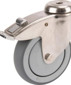 Rueda industrial giratoria en goma: Ø125 x 32 mm, orificio único para pasador en acero inoxidable con freno. Capacidad: 100 kg, Tente