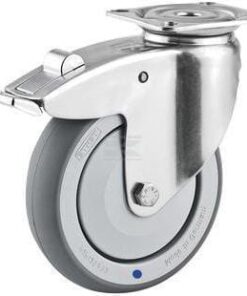 Rueda industrial giratoria en goma: Ø125 x 32 mm, placa soporte en acero inoxidable con freno: 77 x 67 mm. Capacidad: 100 kg, Tente