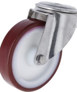 Rueda industrial giratoria en poliuretano: Ø125 x 32 mm, orificio único para pasador en acero inoxidable. Capacidad: 150 kg, Tente